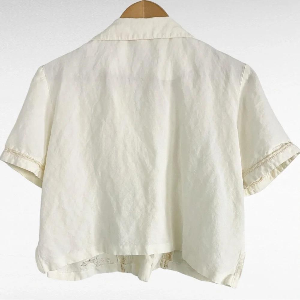 Positive Attitude | Oatmeal Embroidered Linen Blend Cropped Y2K Retro Shirt - Picture 7 of 8